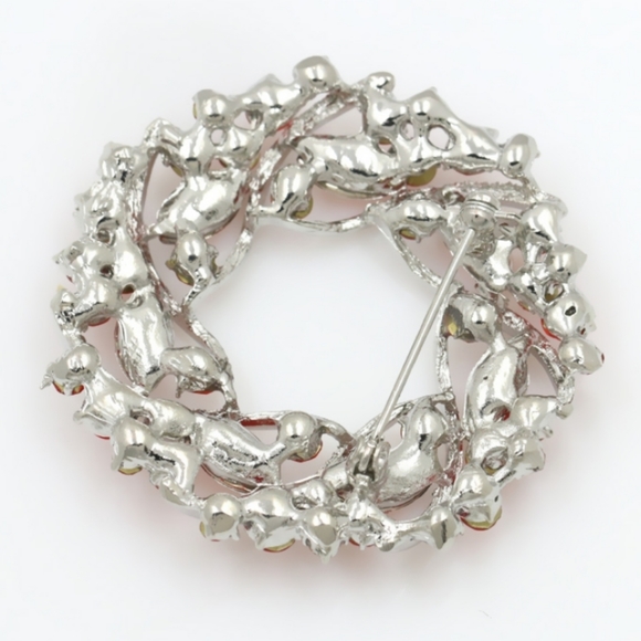 Rhinestone Green Wreath Brooch Pin Gold Tone - Picture 2 of 4